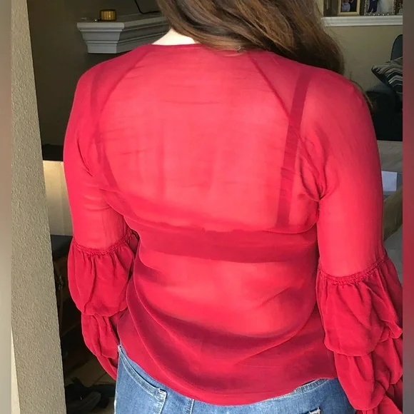 Vivienne Tam Red Silk Sheer Blouse Puffy Sleeves Vintage 90s - Picture 3 of 8